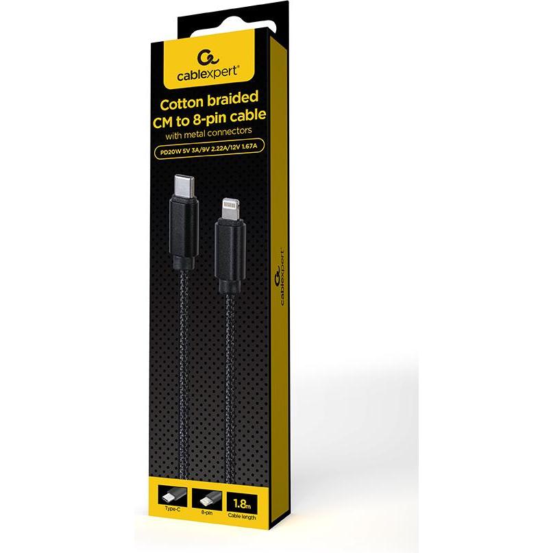Thumbnail - Gembird Cotton braided CM to 8-pin cable with metal connectors, 1.8 m, black (1.80 m, USB 2.0), USB Kabel