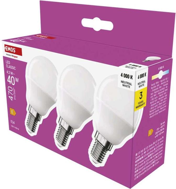 Actual product image Emos LED lamp Classic Mini Globe / E14 / 4.2 W (40 W) / 470 lm / Neutral white (E14, 470 lm, 3 x)