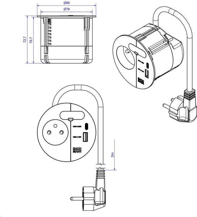 Actual product image Bachmann LOOP IN CHARGE UTE socket outlet USB A/C angled plug, white (938.302) (1x, CEE 7/3, CEE 7/5, 2 m)