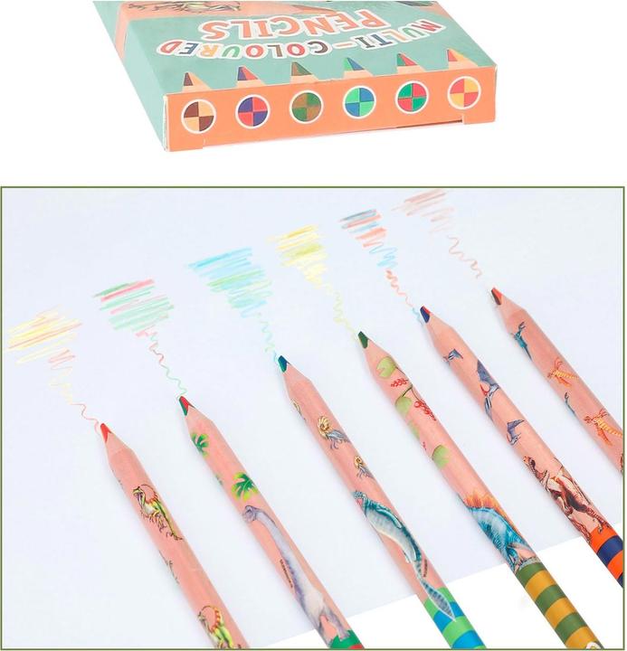 Produktbild Magni Depesche 12100 Dino World-Multicolor Buntstifte Set in Holz-Optik und Dinomotiven, 6 Dicke Stifte in (6x)