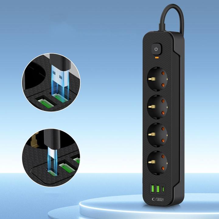 Actual product image Tech-Protect PCL4X3 Power Strip 4 Sockets 240V + 2xUSB-A + 1xUSB-C 200 cm - Black (4 x, USB-A, 2 m)