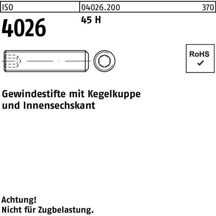 Reyher, Schrauben, Gewindestift ISO 4026 Kegelkuppe/Innen-6-kant M 2,5 x 8 45 H (500 Schrauben pro Stück)
