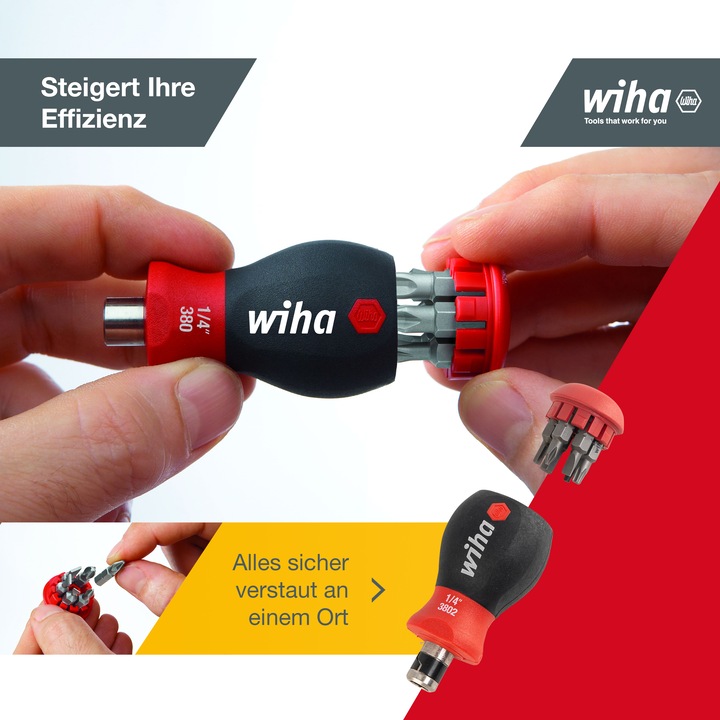 Productafbeelding Wiha Schroevendraaier met Bit Magazine Stubby (Schroeven met sleufkop, Inbus, Torx (TX), Kruisvormig PZ, Phillipps kruissleuf (PH))