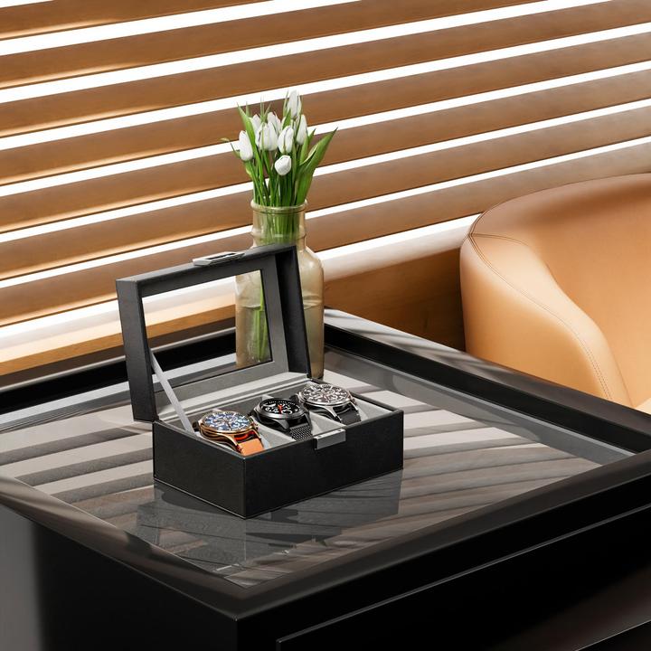 Produktbild Only-Bags.Store Uhrenbox mit 3 Fächern, Uhrenbox mit Glasdeckel, Uhrenkoffer mit Uhrenkissen