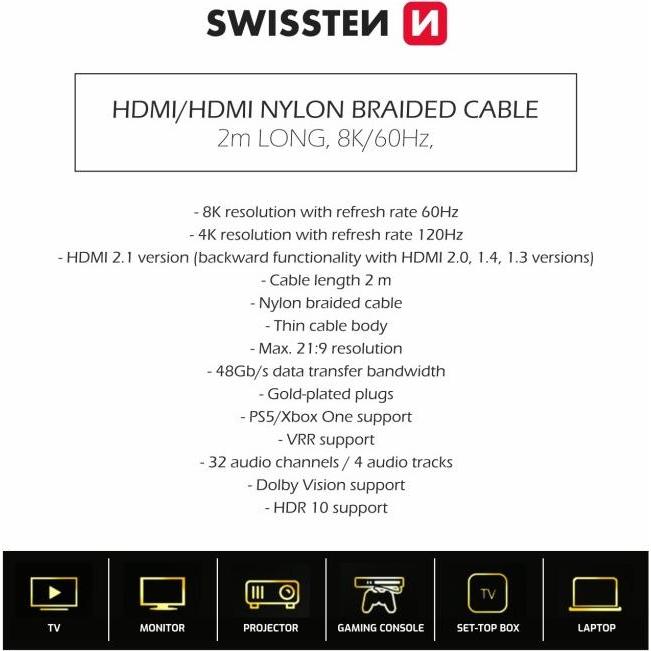Thumbnail - Swissten Cable HDMI To HDMI 8K 60Hz 2.0 M (2 m, HDMI), Video Kabel