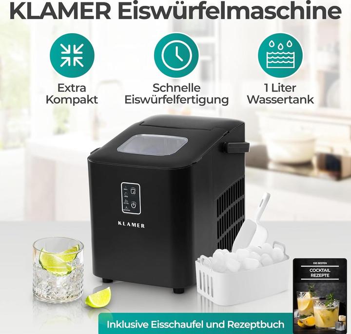 Produktbild KLAMER Eiswürfelmaschine klein (2025), 8 Eiswürfel in 8 Minuten, 11 kg Eiswürfel pro Tag, 2 Eis…