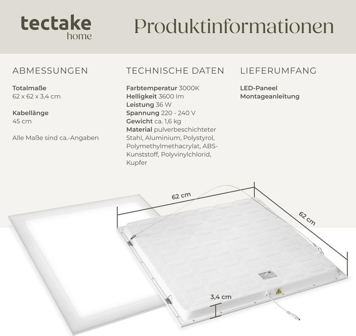 Produktbild tectake LED-Paneel Lucerna, ultraflach, warmweiss, stromsparend