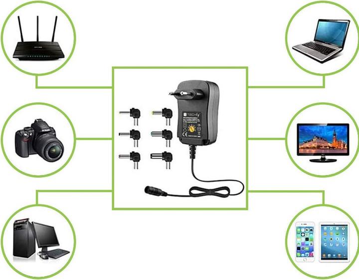 Actual product image Techly Adjustable universal power supply 18W AC/DC 3V-12V with 6 DC plugs 1A USB connection