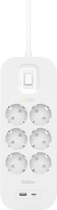 Produktbild Belkin Steckdosenleiste 6-fach + USB-A+C,650J,18W,2m SRB002vf2MV2 (6 x, CEE 7/3, USB-A, USB-C, 2 m)