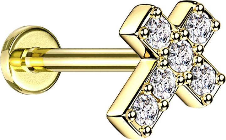 Produktbild Star Piercing Micro Labret Innengewinde vergoldet Kreuz mit Kristall silber (Organisch, Chirurgenstahl 316L)