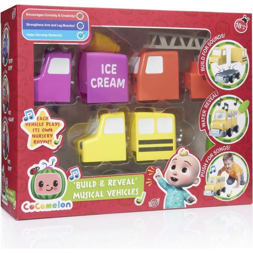 Cocomelon WOW! STUFF Bauen Sie Musikfahrzeuge JJ Schulbus Feuerwehrauto und Eiswagen Geräusche