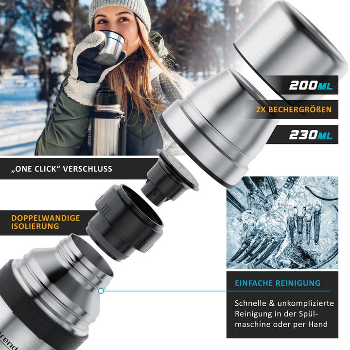 Produktbild Arendo Thermosflasche Isolierflasche auslaufsicher, Edelstahl Trinkflasche für Unterwegs, BPA-frei, 1 Liter (1 l)