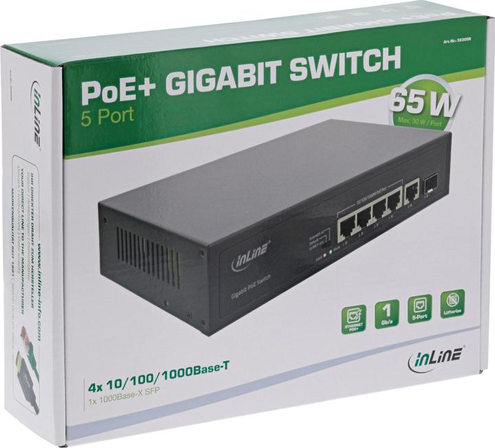 Immagine prodotto InLine Switch di rete Gigabit PoE+ 5 porte (4x PoE+), 1xSFP, 1Gb/s, desktop, metallo, senza ventola (5 porte)