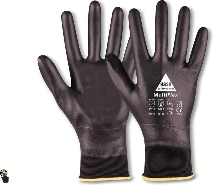Hase Safety Gloves Work gloves, Multiflex, nylon, PU full coating, size 7, black (S)