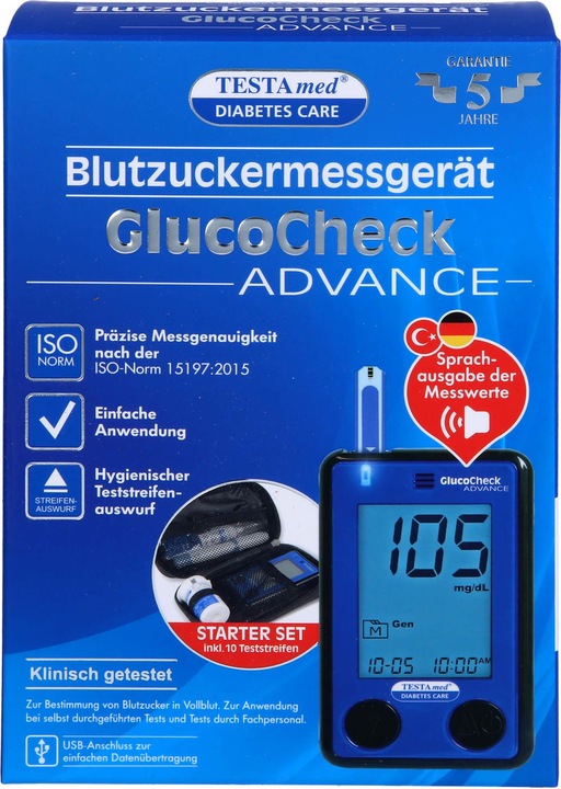 TESTAmed GlucoCheck Advance Blutzuckermessgerät, 1 St. Gerät (Blutzuckermessgerät)