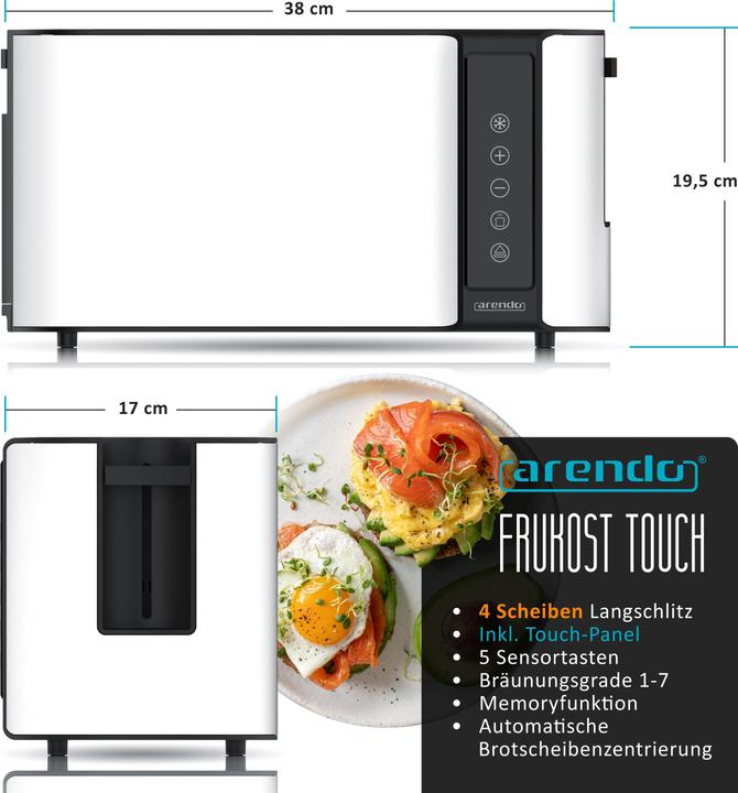 Image du produit Arendo Toaster Edelstahl 4-Scheiben Langschlitz, Touchpanel, Display mit Restzeitanzeige, Brötchenaufsatz