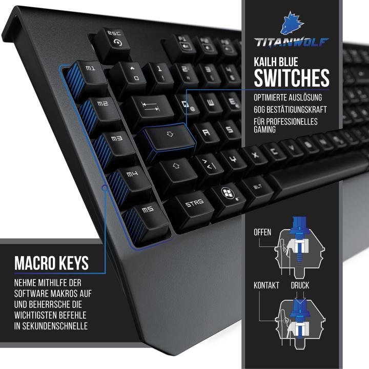 Actual product image Titanwolf Gaming Keyboard "Enforcer" mechanical, LED lighting / QWERTY / Keyboard with Kailh Blue Switches (DE, Cable)