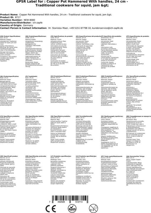 Produktbild Ich-zapfe Kupfertöpfe Gehämmert Mit Griffen 24 cm (24 cm, Kochtopf, Kupfer)