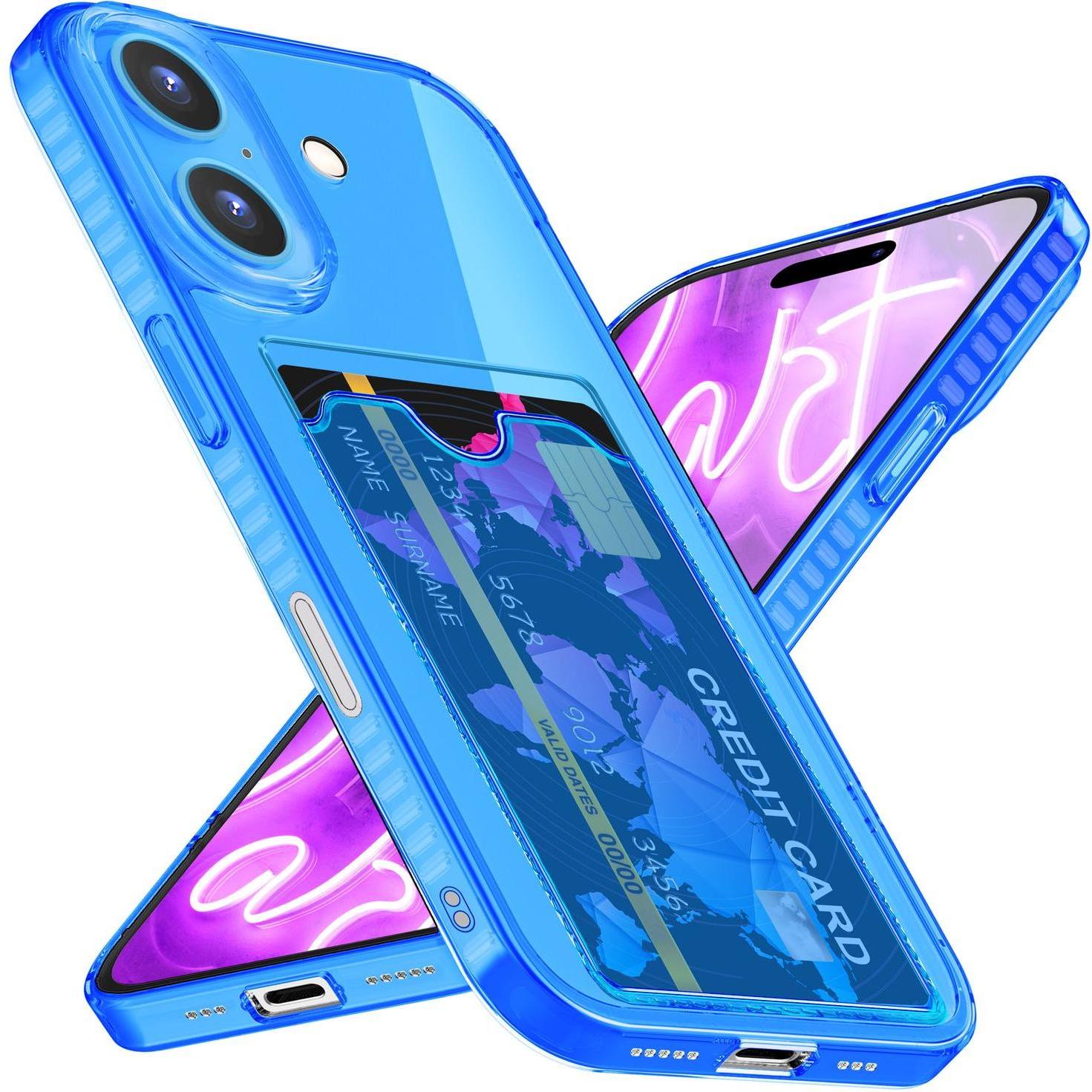 Nalia Klar Transparente Neon Silikon Hülle Kartenhalter (Apple iPhone 16), Smartphone Hülle, Blau
