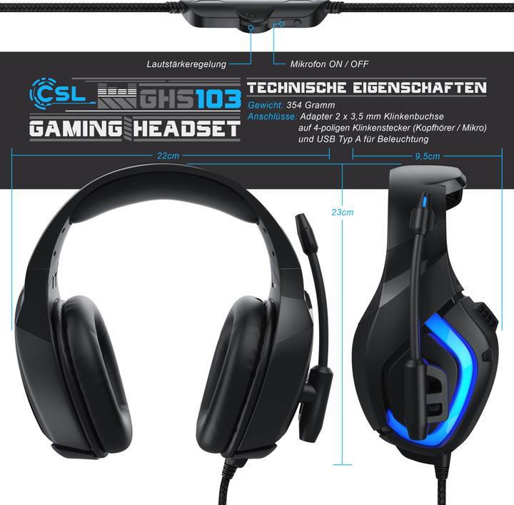 Produktbild CSL Gaming Headset mit Mikrofon, Kopfhörer für Windows/Mac/Linux /PS4/PS4 Pro (Kabelgebunden)