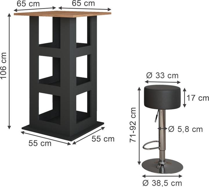 Produktbild Vicco Bartisch-Set Repose, Goldkraft Eiche/Anthrazit/Schwarz, 65 x 65 cm mit 2 Barhockern