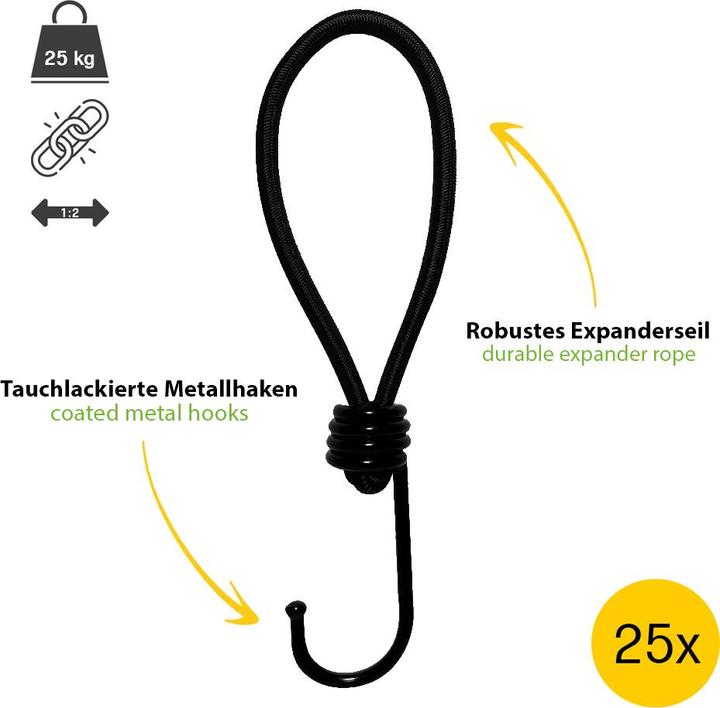 Image du produit Offgridtec 25 Stk. Spanngummi 18cm Expander mit Haken 5mm Universal Ladungssicherung für Planen und Anhängern