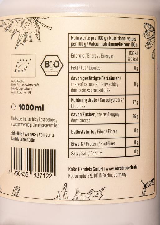 Nährwerte und Zutaten KoRo Ahornsirup (1000 g)