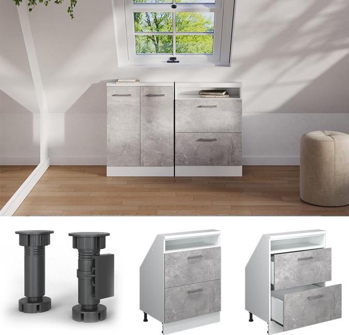 Produktbild Vichy Dachschrägenschrank Rion, Beton/Weiss/Weiss, mit 2 Schubladen (46 x 60 x 81.60 cm)