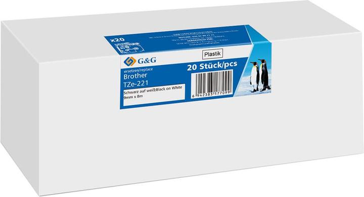 Produktbild G&G 20x Schriftband 9mm x 8m sw- ws komp. m. Brother TZe-221 (0.90 cm, Schwarz, Weiss)