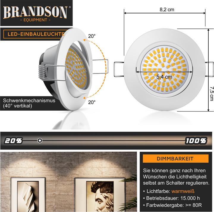 Produktbild Brandson 10x LED Deckenspot, schwenkbar, Warmweiss 3000K, Einbaustrahler 5W, Einbauleuchte, Einbauspot, 10er (320 lm)