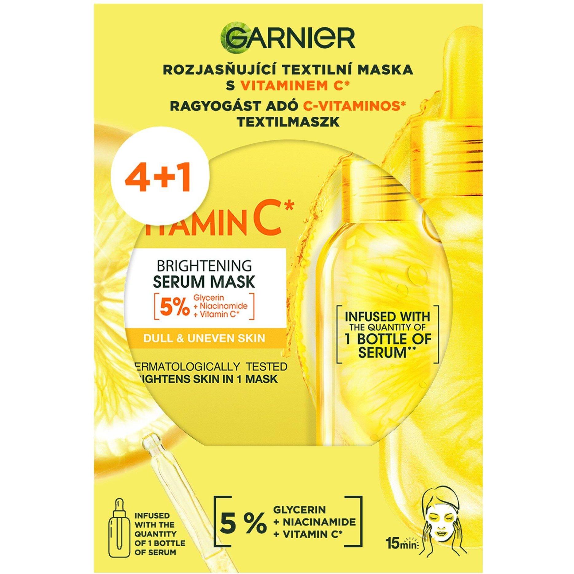 Garnier, Maschera viso, Set aufhellender Stoffmasken mit Vitamin C 4+1 Stück