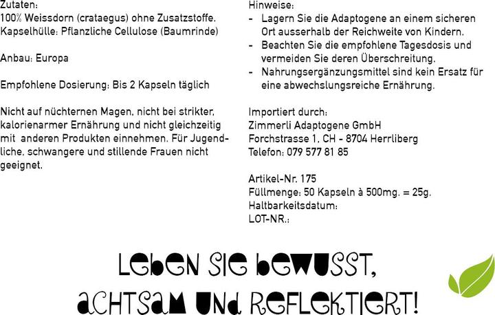 Valeurs nutritives et ingrédients Zimmerli Adaptogene Gélules d'aubépine 50 gélules (1 pièce(s), Capsules, 25 g)