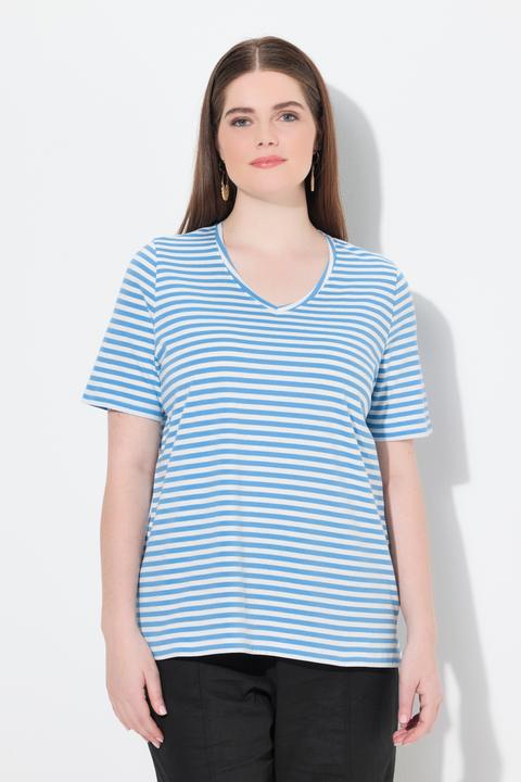 Image du produit Ulla Popken T-shirt rayé en coton bio. Col V et manches courtes (54)