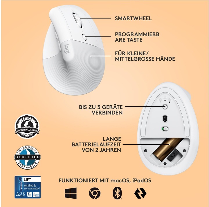Productafbeelding Logitech Lift Voor Zaken Off-White/Lichtgrijs (Draadloze)