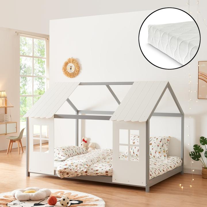 Actual product image En.Casa Halboffenes Kinderbett Tostedt mit Matratze 120x200 cm Grau/Weiss (120 x 200 cm)