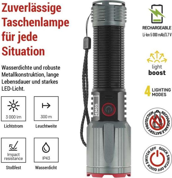 Produktbild Emos LED RECHAR.METAL FLASHLIGHT LARGE 3000lm, 5 000mAh (17.50 cm, 3000 lm)