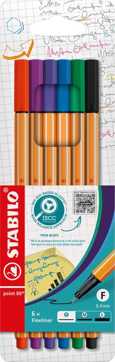 Produktbild STABILO point 88 Fineliner (Rot, Grün, Lila, Schwarz, Blau, Violett, 6 x)