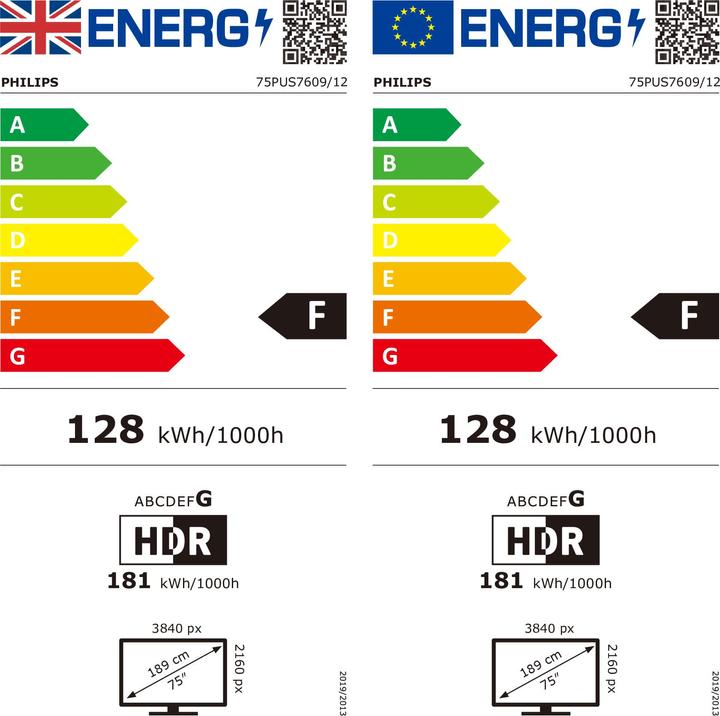Label énergétique Philips 75PUS7609 Téléviseur LED Smart TV 189cm 75" 4K (75", LED, 4K)