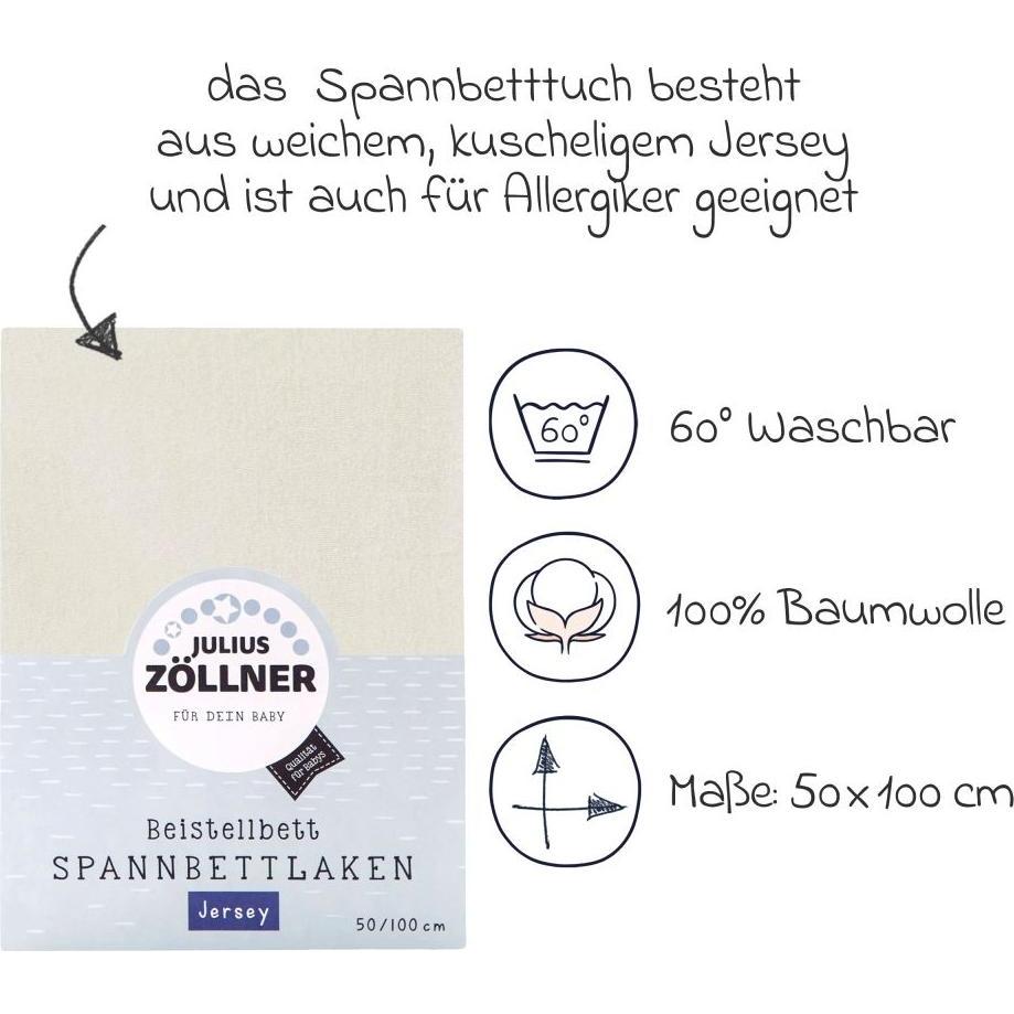 Thumbnail - Julius Zöllner, Fixleintuch Babybett, Jersey Spannbettlaken für das Beistellbettchen 50x100cm, Ecru (50 x 100 cm)