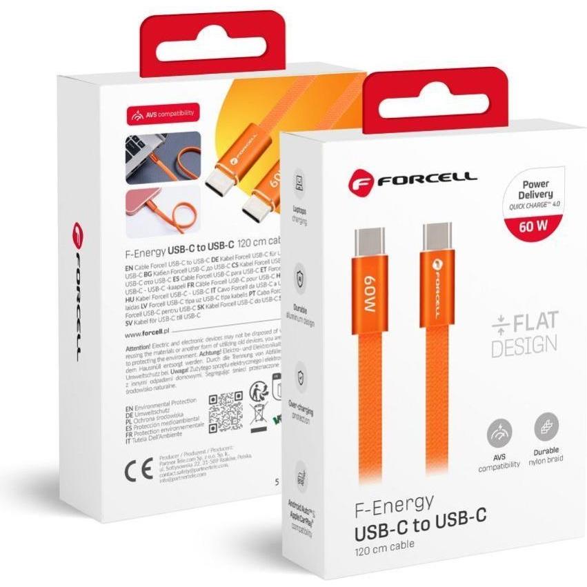 Forcell Cable Cable USB C to USB C F-Energy QC4.0 PD 3A 60W Cafule Flat 1,2 m CCFN23 orange (1.20 m, 60 W), Cavo USB