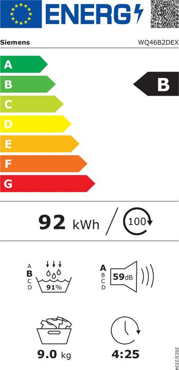 Energie-Label Siemens iQ700, Wärmepumpen-Trockner, 9 kg, Weiss, WQ46B2DEX, ID WQ46B2DEX (9 kg, Rechts, Wechselbar)