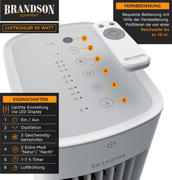 Actual product image Brandson Tower fan with water cooling, 5 litre water tank, air filter, air cooler, air conditioner, fan 55W (57 dB)