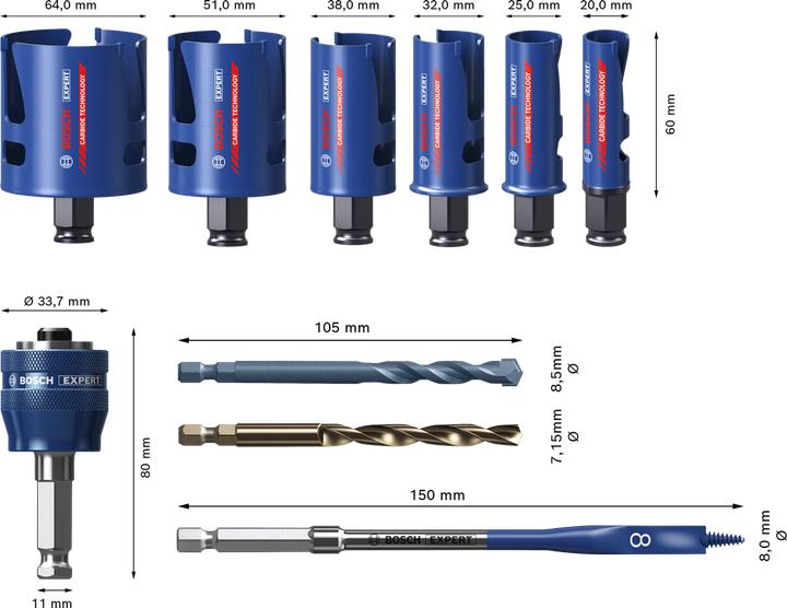 Actual product image Bosch Professional Zubehör EXPERT Construction Material hole saw set 20/25/32/38/51/64 mm, 10 pcs. (20 mm, 25 mm, 32 mm, 38 mm, 51 mm, 64 mm)