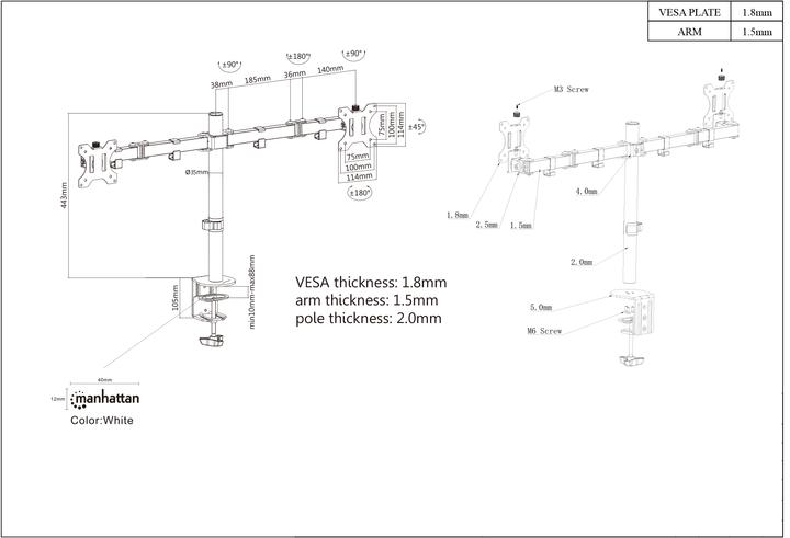 Actual product image Manhattan Table mount monitor arm for two displays 33 813 (Table, 32", 16 kg)