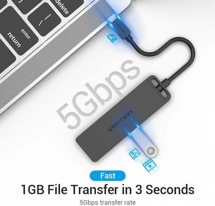 Produktbild Vention USB-C to USB3.0 x 4 Hub with Power Supply Juodas 0.15m (USB-C, 4 Ports)