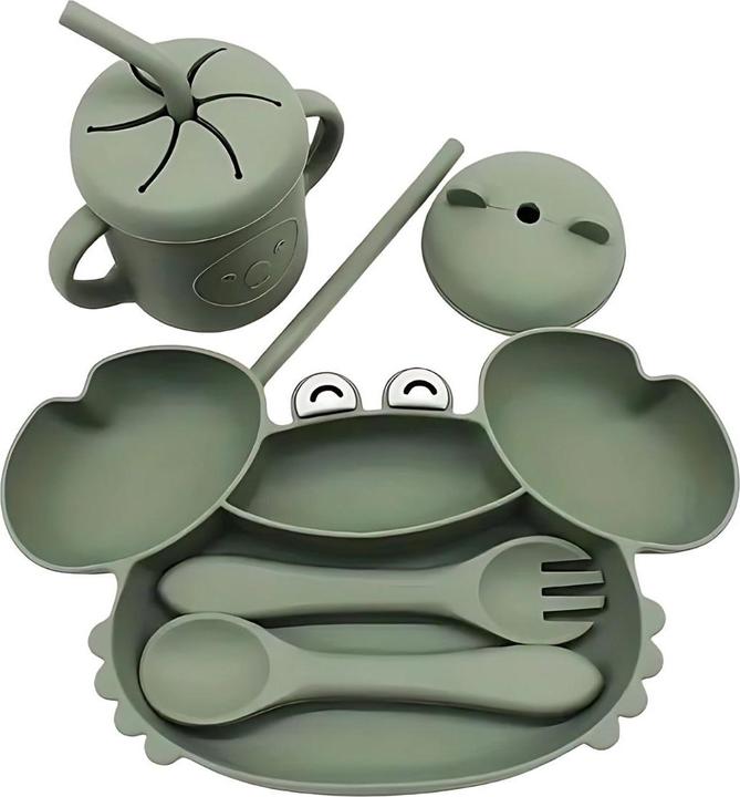 Milkii 5-teiliges Silikon-Fütterungsset - Teller, Becher und Besteck, Khaki