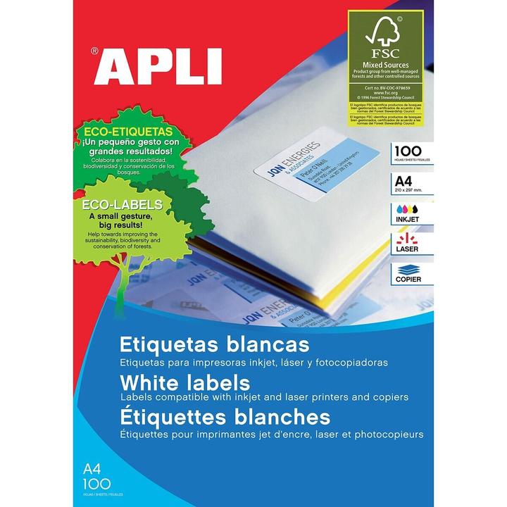 Actual product image Apli universal, 210x148mm, rectangular, white 100 sheets.