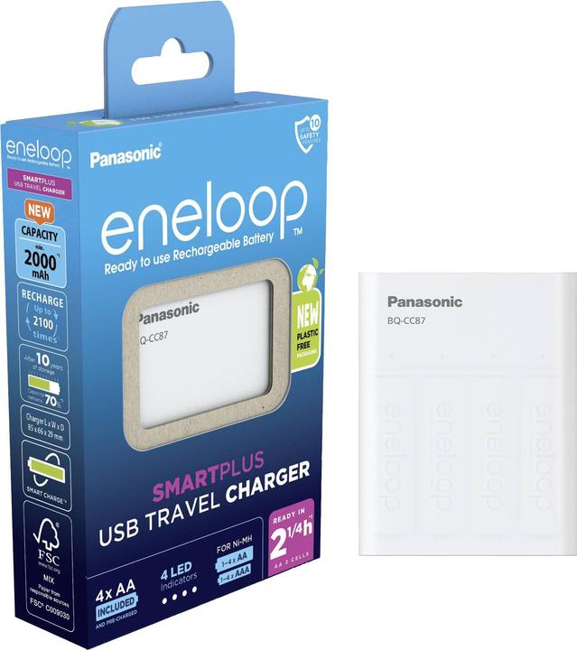 Panasonic caricatore da viaggio USB eneloop Smart Plus BQ-CC87 (4 pz., AA, AAA, 2000 mAh, Batteria + Caricabatterie)