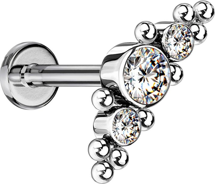 Image du produit Star Piercing Micro Labret femelle argenté au centre avec boules et trois cristaux (sans laiton, Titane G23)