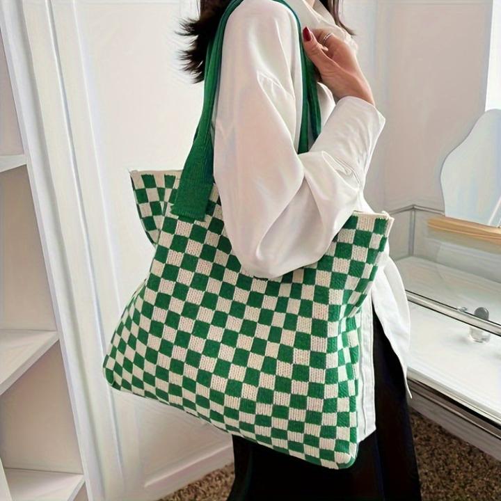 Actual product image Only-Bags.Store Plaid Knitted Shoulder Bag, Trendy Plaid Pattern Tote Bag, Large Capacity Handbag for